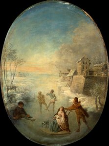 Gentlefolk on the Ice by a Walled Town in Winter (aceite) de Jean Antoine Watteau