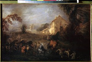 La carga de la guerra. Pintura de Jean Antoine Watteau (1684-1721). Óleo sobre cobre, 21,5 x 33,5 cm, hacia 1713. Arte francés, arte rococó. Museo del Hermitage, San Petersburgo. de Jean Antoine Watteau