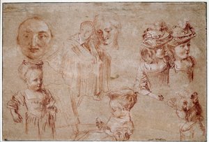 Máscara de Pierrot, cinco chicas en busto, un hombre con capa y la cara de una mujer de Jean Antoine Watteau