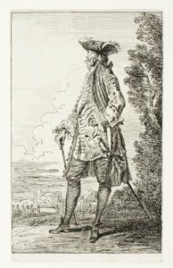 Hombre de pie con sombrero, mirando a la izquierda, de Figures de Modes de Jean Antoine Watteau