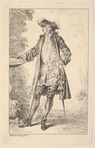 Hombre de pie con su mano derecha apoyada en una palangana, mostrado en vista de tres cuartos de Jean Antoine Watteau