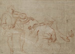 Estudio de dos violinistas y un par de manos, sosteniendo un brazo (tizas roja y blanca sobre papel)