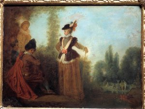 La aventurera, una joven elegante con atuendo de viaje de Jean Antoine Watteau
