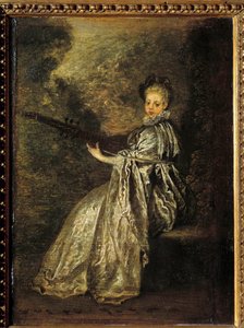 La niña finette tocando un instrumento musical de cuerda de Jean Antoine Watteau