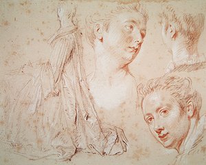 Tres cabezas y una mujer sentada, c.1716 de Jean Antoine Watteau