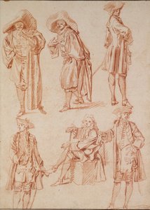 Dos estudios del doctor en la comedia italiana y cuatro oficiales de Jean Antoine Watteau