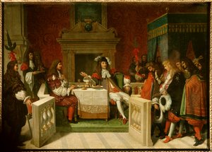Luis XIV y Molière: Rey Luis XIV (1638-1715) y Jean Baptiste Poquelin llamado Molière (1622-1673) en la mesa frente a los cortesanos de Jean Auguste Dominique Ingres