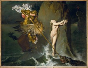 Roger y Angelique, una escena del Orlando de Ariost ... de Jean Auguste Dominique Ingres