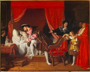 El rey de Francia Francisco I (1492-1547) recibe los últimos suspiros de Leonardo da Vinci en Clos Lucé de Jean Auguste Dominique Ingres