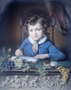 Retrato de un niño sentado en una hornacina y vestido con una chaqueta azul de Jean Augustin Daiwaille (attributed to)