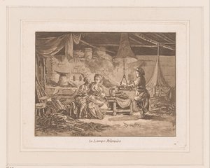 Interior de un granero con dos figuras en un banco y un hombre junto al fuego
La Lampe Polonoise (título en el objeto) de Jean Baptist Leprince