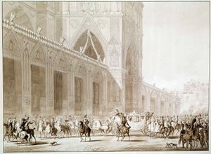 La llegada en carruaje del Emperador Napoleón I y la Emperatriz Josefina de Beauharnais a la Catedral de Notre Dame de París el Día del Sagrado