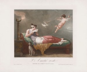Cupido entrega una carta de amor. Siglo XIX (impresión) de Jean Baptiste (after) Mallet