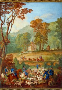 Placa que representa las cacerías de Luis XVI (1754-1793): "La jauría de perros comunes yendo al encuentro en el bosque de Compiègne" de Jean Baptiste (after) Oudry