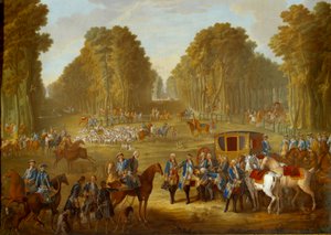Placa que representa las cacerías de Luis XVI: el encuentro en el cruce del pozo del Rey en el bosque de Compiègne de Jean Baptiste (after) Oudry