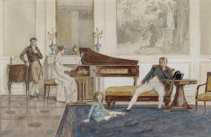 Primera representación de "Leaving for Syria" delante de Napoleón, su hijo y el Conde de Laborde (grafito, acuarela y color de la carrocería realzado con blanco sobre papel) de Jean Baptiste (attr. to) Isabey