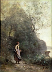Una campesina pastoreando una vaca al borde de un bosque, c.1865-70 de Jean Baptiste Camille Corot