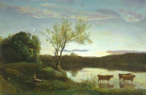 Un estanque con tres vacas y una luna creciente, c.1850