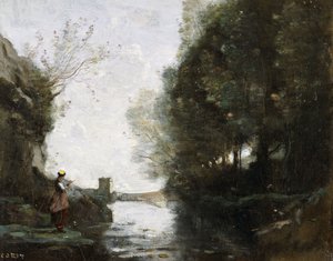 Un río con una torre cuadrada y un granjero en primer plano, c.1865-70