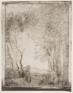 Una joven madre en la entrada de un bosque, impresión original 1856, impreso en 1921 de Jean Baptiste Camille Corot