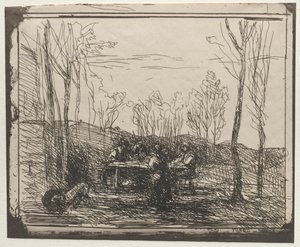 Desayuno en un claro, impresión original 1857, impresa en 1921 de Jean Baptiste Camille Corot