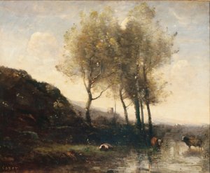 Pastor descansando al pie de colinas frescas, c.1855-65 de Jean Baptiste Camille Corot