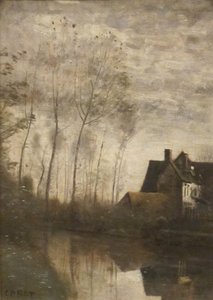 Francés: Scène de rivière avec maisons et peupliers A River Scene with Houses and Poplars de Jean Baptiste Camille Corot