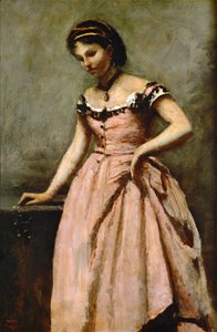 Niña en vestido rosa con rosas y una perla ... de Jean Baptiste Camille Corot
