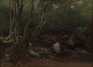 Lormes: Chica cabrera sentada junto a un arroyo en un bosque de Jean Baptiste Camille Corot