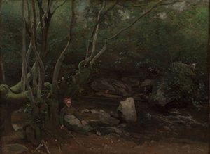 Lormes: Cabra-niña sentada junto a un arroyo en un bosque de Jean Baptiste Camille Corot