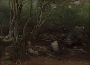 Lormes: Chica cabra sentada junto a un arroyo en un bosque, 1842 de Jean Baptiste Camille Corot