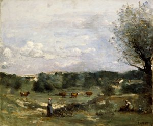 Prado con vacas, un sauce a la derecha y un pueblo distante de Jean Baptiste Camille Corot