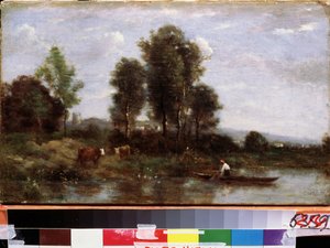 ""Paysage a la riviere"" (Paisaje con un río) Pintura de Camille Corot (1796-1875) Museo de Arte del Lejano Oriente del siglo XIX, Khabarovsk, Rusia de Jean Baptiste Camille Corot