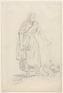 Campesina Alimentando Gallinas de Jean Baptiste Camille Corot