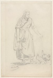Campesina Alimentando Gallinas, 1800s de Jean Baptiste Camille Corot