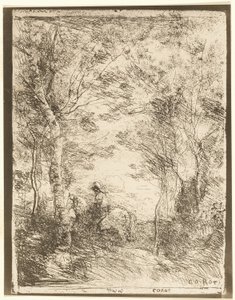 El jinete en el bosque, placa pequeña de Jean Baptiste Camille Corot