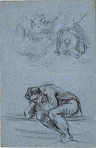 Figura sentada con la cabeza entre las manos y dos caricaturas (anverso); cuatro figuras en una luneta (reverso) de Jean Baptiste Carpeaux