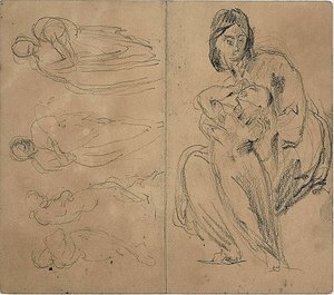 Bocetos: Cuatro figuras y Madre sentada y niño (anverso); Madre sentada y niño (reverso)