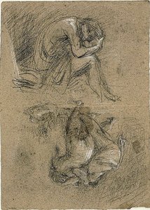 Bocetos: Hombre Sentado con la Cabeza en las Manos y Dos Figuras Inclinándose hacia Otras en el Fondo (recto); Mujer Reclining (verso) de Jean Baptiste Carpeaux