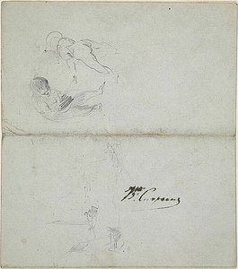 Bocetos de dos niños, barcos en el mar (anverso); bocetos de figura masculina a grandes zancadas sosteniendo un bastón y escena costera (reverso). de Jean Baptiste Carpeaux