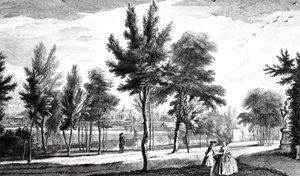 Vista de los Campos Elíseos desde el Manantial de Helicon, Jardines de la Casa Stowe, grabado por George Bickham, 1753 de Jean Baptiste Claude Chatelain