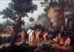 Esclavitud; “caza de esclavos” familias indígenas (¿de Brasil?) son capturadas por traficantes de esclavos. Pintura de Jean Baptiste Debret (1768-1848). Museo de Sao Paulo, Brasil. de Jean Baptiste Debret