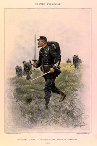 Tipos y uniformes del ejército francés del capitán Jules Richard, ilustrado por Edouard Detaille: Cazadores a pie: Sargento mayor en uniforme de campaña en 1885, Colección privada