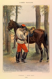 Tipos y uniformes del Ejército Francés del Capitán Jules Richard, ilustrado por Edouard Detaille (1848-1912): Coracero en vestimenta pequeña en 1885, colección privada de Jean Baptiste Edouard Detaille