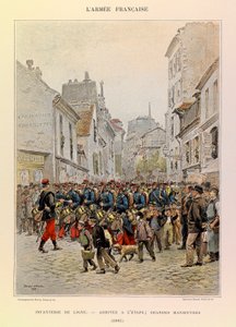 Tipos y uniformes del Ejército Francés del Capitán Jules Richard, ilustrado por Edouard Detaille (1848-1912): Infantería de línea: Llegada al escenario durante las grandes maniobras en 1885, colección privada de Jean Baptiste Edouard Detaille