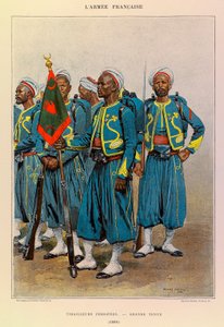 Tipos y Uniformes del Ejército Francés del Capitán Jules Richard, ilustrado por Edouard Detaille (1848-1912): Tiradores Nativos en Gran Atuendo en 1886, Colección Privada de Jean Baptiste Edouard Detaille