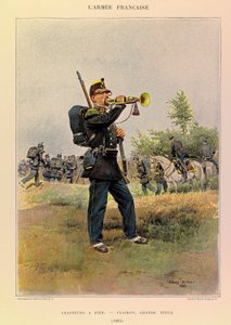 Tipos y uniformes del Ejército Francés del Capitán Jules Richard, ilustrado por Edouard Detaille (1848-1912): Cazadores a pie: Corneta en gran atuendo en 1885, Colección privada