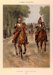 Tipos y uniformes del ejército francés del Capitán Jules Richard, ilustrado por Edouard Detaille: Coraceros; Pelotón de escolta en 1885 de Jean Baptiste Edouard Detaille