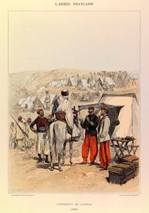 Tipos y uniformes del ejército francés del capitán Jules Richard, ilustrado por Edouard Detaille: Campamento de Zuavos en 1886, Colección privada de Jean Baptiste Edouard Detaille