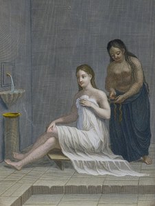Chica turca, trenzando su cabello en los baños, siglo XVIII de Jean Baptiste Haussard